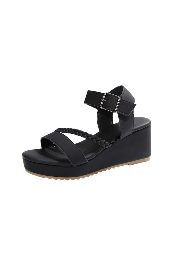 Women's Fashionable Woven Wraparound Sandals Wedge Heel Plus Size Spring Summer Casual Buckle PU Slippers Black 5.5(36)