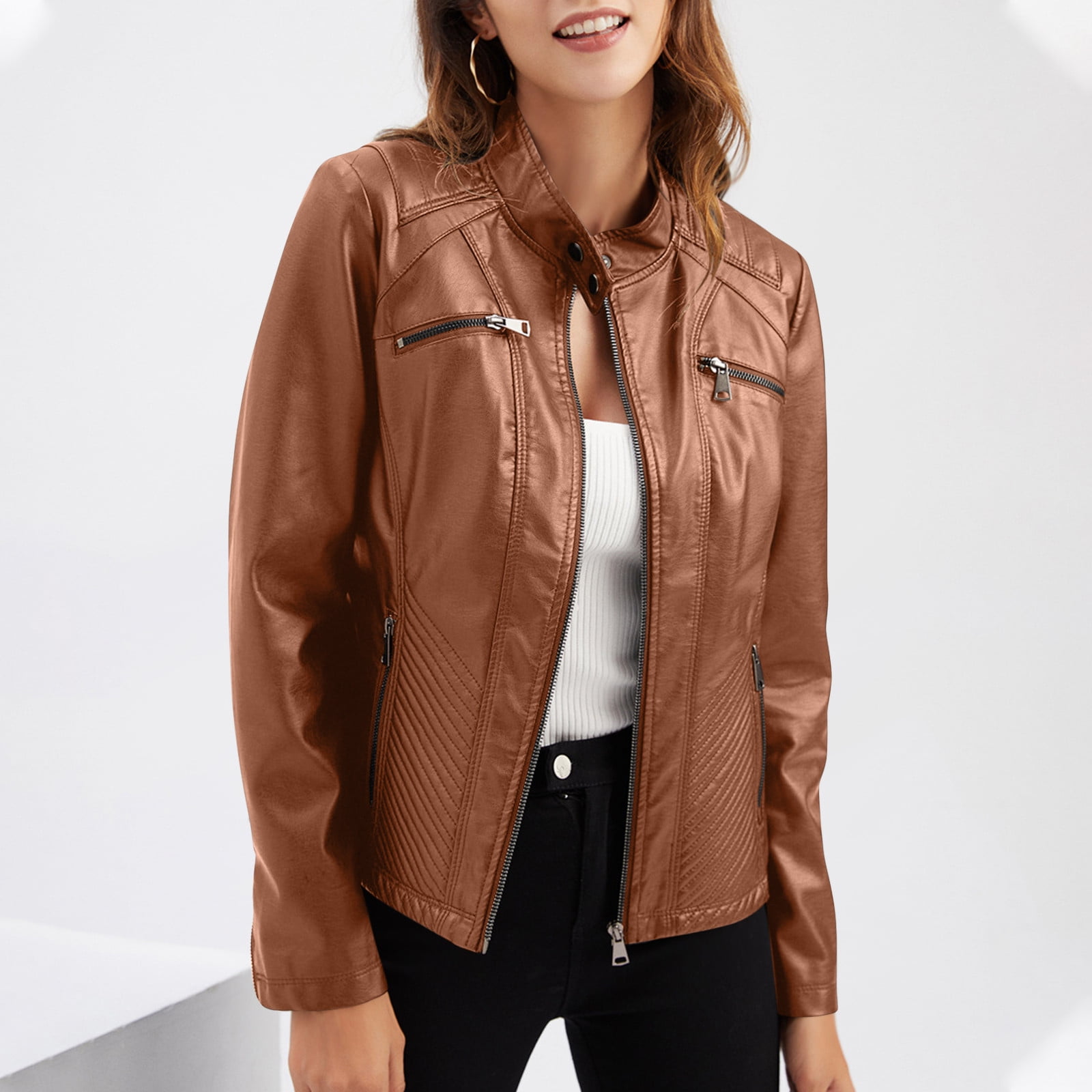 Miluxas Women's Faux Leather Classic Asymmetrical Motorcycle Jacket (Standard & Plus Sizes) Brown 6(M)