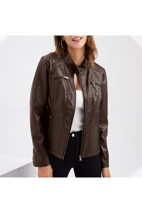 Women's Faux Leather Classic Asymmetrical Motorcycle Jacket (Standard & Plus Sizes) Coffee 12(XXL)