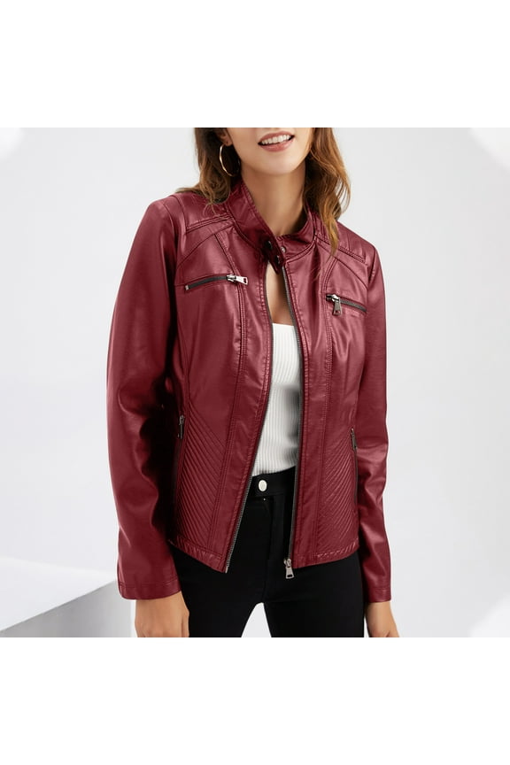 Women's Faux Leather Classic Asymmetrical Motorcycle Jacket (Standard & Plus Sizes) Wine 10(XL)