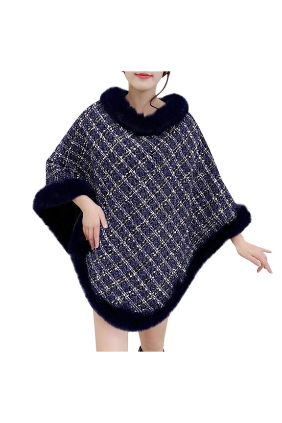 Women's Faux Plush Shawl Wrap Stole Knit Cape Shawl Bridal Poncho Cloak Large Scarf Blanket Navy Free Size(Free Size)