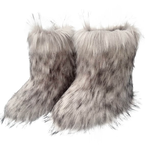 Miluxas Women's Faux fur Boot Furry Fluffy Short Snow Boot Mid-Calf Boots Warm Comfortable Outdoor Flat Shoes Dark Gray 11.5(42)