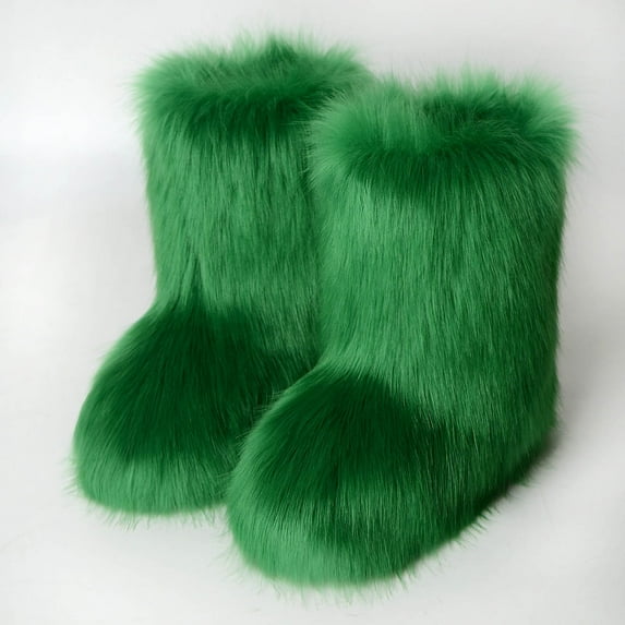 Miluxas Women's Faux fur Boot Furry Fluffy Short Snow Boot Mid-Calf Boots Warm Comfortable Outdoor Flat Shoes Green 7-7.5(40)