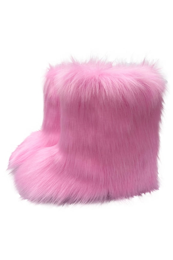 Women's Faux fur Boot Furry Fluffy Short Snow Boot Mid-Calf Boots Warm Comfortable Outdoor Flat Shoes Hot Pink 11.5(42)
