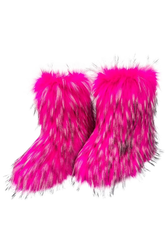 Women's Faux fur Boot Furry Fluffy Short Snow Boot Mid-Calf Boots Warm Comfortable Outdoor Flat Shoes Hot Pink 5.5(36)