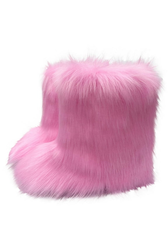 Women's Faux fur Boot Furry Fluffy Short Snow Boot Mid-Calf Boots Warm Comfortable Outdoor Flat Shoes Hot Pink 6.5(37)