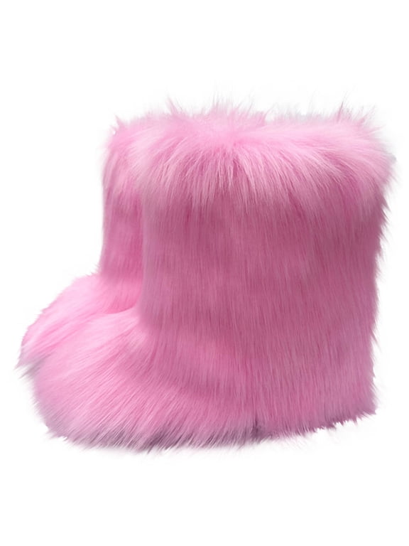 Women's Faux fur Boot Furry Fluffy Short Snow Boot Mid-Calf Boots Warm Comfortable Outdoor Flat Shoes Hot Pink 7.5(38)