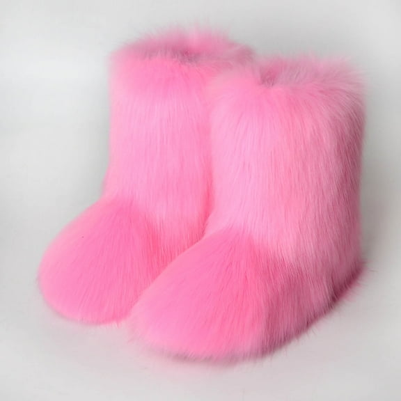 Miluxas Women's Faux fur Boot Furry Fluffy Short Snow Boot Mid-Calf Boots Warm Comfortable Outdoor Flat Shoes Pink 7.5-8(41)
