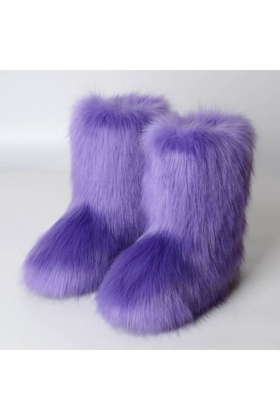 Women's Faux fur Boot Furry Fluffy Short Snow Boot Mid-Calf Boots Warm Comfortable Outdoor Flat Shoes Purple 8.5-9(43)