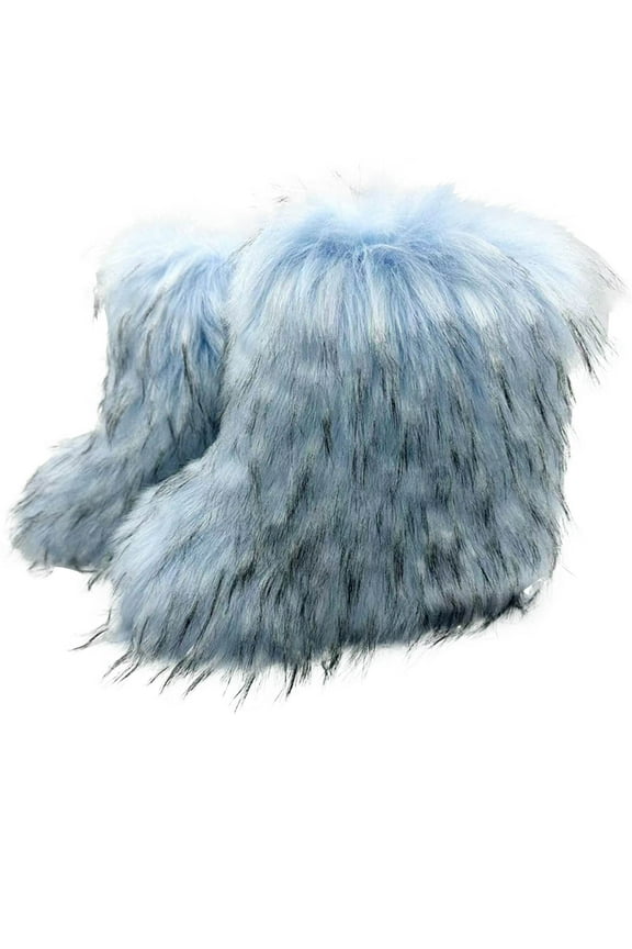 Women's Faux fur Boot Furry Fluffy Short Snow Boot Mid-Calf Boots Warm Comfortable Outdoor Flat Shoes Sky Blue 12.5(43)