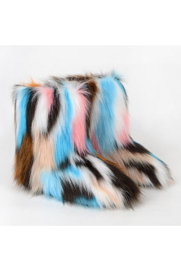 Women's Faux fur Boot Furry Fluffy Short Snow Boot Mid-Calf Boots Warm Comfortable Outdoor Flat Shoes Light blue 9-9.5(44)