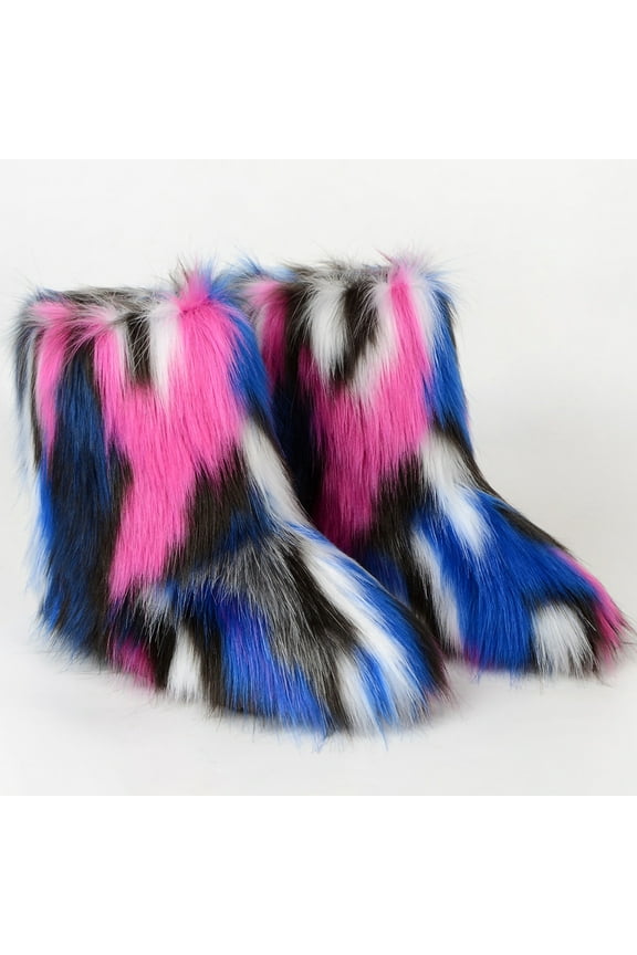 Women's Faux fur Boot Furry Fluffy Short Snow Boot Mid-Calf Boots Warm Comfortable Outdoor Flat Shoes Navy 6.5-7(39)