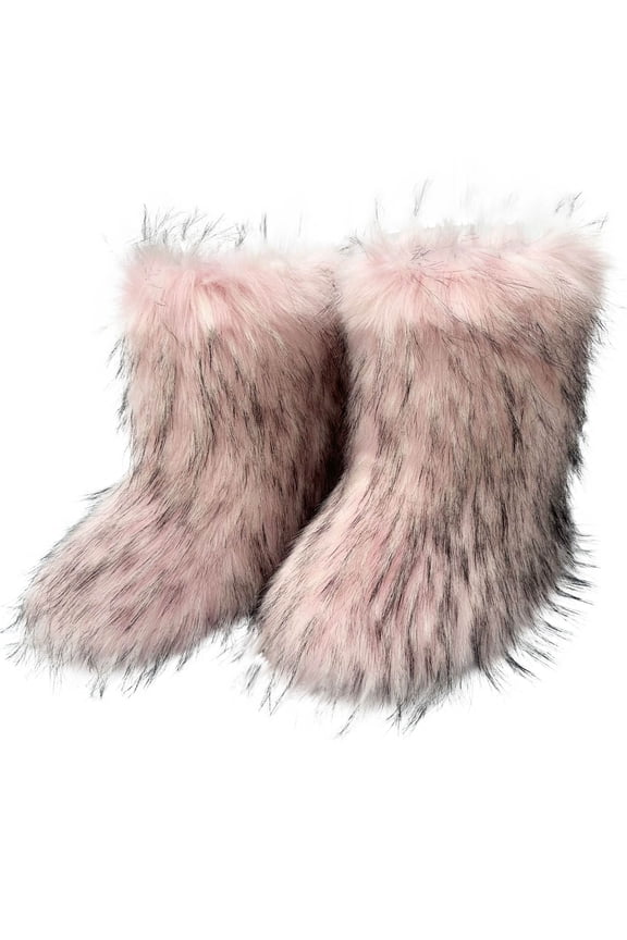 Women's Faux fur Boot Furry Fluffy Short Snow Boot Mid-Calf Boots Warm Comfortable Outdoor Flat Shoes