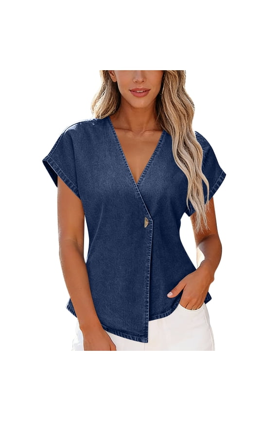 Women's Fitted Waist Denim Blouse V Neck Cap Sleeve Asymmetric Button Casual Blouse Summer Solid Going Out Vacation T Shirts Navy