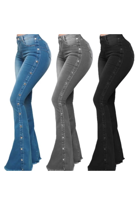 Women's Flare Jeans High Waisted Button Wide Leg Bootcut Jeans Stretchy Denim Pants with Pockets Gray 10(XL)