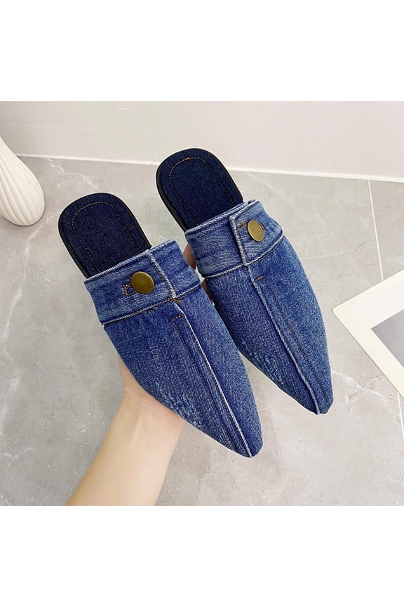 Women's Flat Mules Closed Pointed Toe Backless Slip-On Loafers Ladies Denim Baotou Clogs Half Slides Solid Color Sandal Dark Blue 5.5(36)