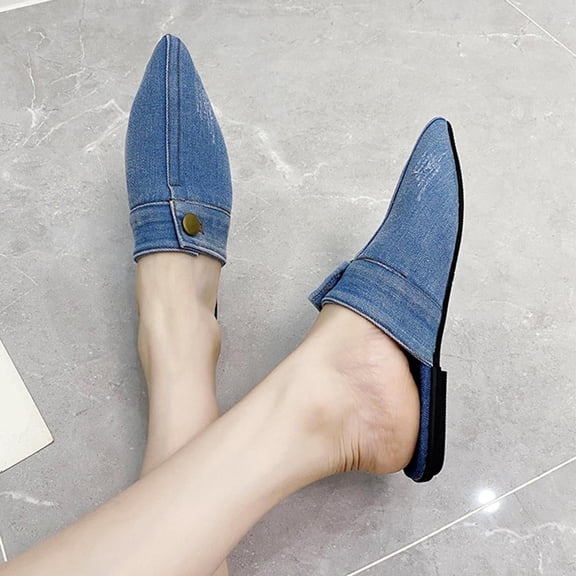 Miluxas Women's Flat Mules Closed Pointed Toe Backless Slip-On Loafers Ladies Denim Baotou Clogs Half Slides Solid Color Sandal Light Blue 9.5(41)