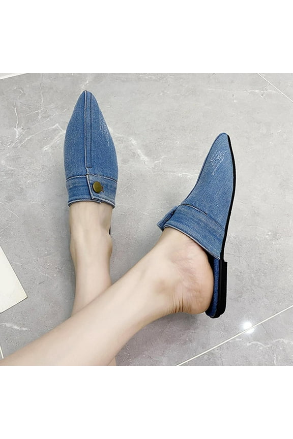 Women's Flat Mules Closed Pointed Toe Backless Slip-On Loafers Ladies Denim Baotou Clogs Half Slides Solid Color Sandal Light Blue 6.5(37)