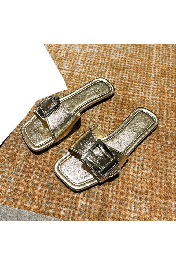 Women's Flat Sandals Fashion Square Open Toe Slides with Metal Chain Slippers for Summe Gold 5.5(36)
