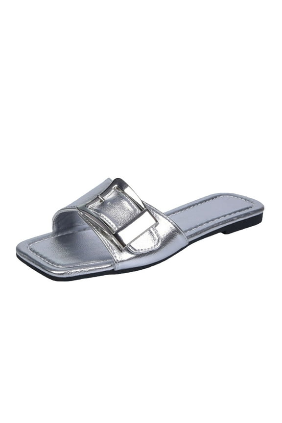 Women's Flat Sandals Dressy Comfortable Square Open Toe Slip on Leather Slide Sandals Silver 6.5(38)