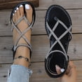 thumbnail image 1 of Miluxas Women's Flat Sandals Round Toe Clip Toe Cross Elastic Strappy Soft Bottom Rhinestone Sandals Black 8.5(41), 1 of 7