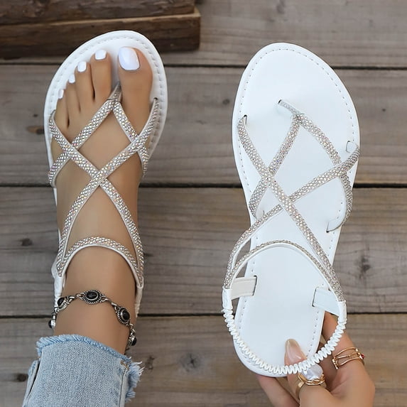 Miluxas Women's Flat Sandals Round Toe Clip Toe Cross Elastic Strappy Soft Bottom Rhinestone Sandals White 9.5(43)