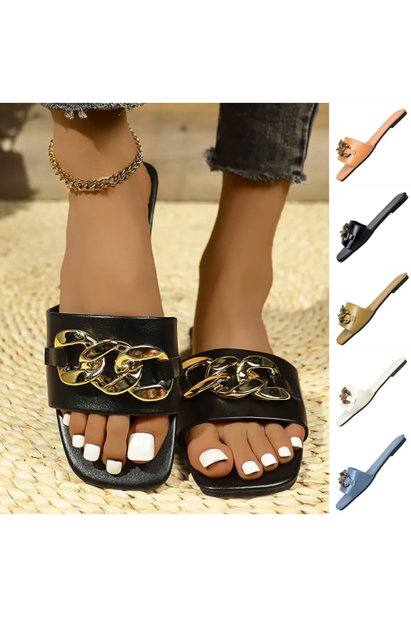Women's Flat Sandals with Chain Ankle Strap, Gold Metal Accent, Open Toe Slides Orange 9(42)