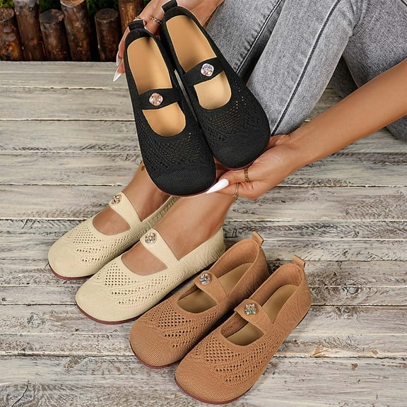 Miluxas Women's Flats Mary Jane Ballet Flats Comfortable Knit Casual Ballerina Walking Dressy office Slip-on Shoes with Straps Brown 9(42)