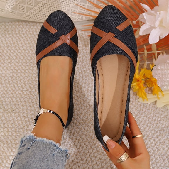 Miluxas Women's Flats Shoes Pointed Toe Denim Ballet Comfortable Dressy Slip On Flat Classic Ballet office Work Shoes Black 6(37)