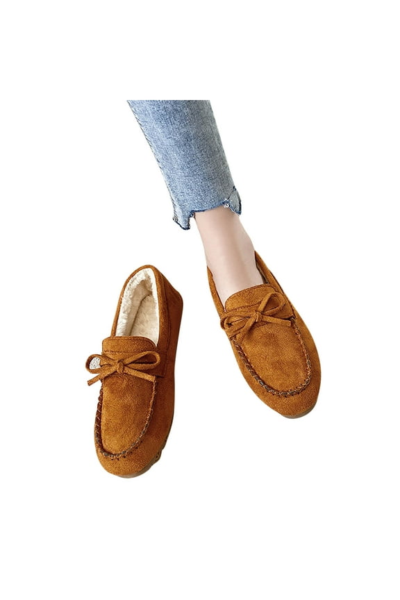 Women's Fleece Moccasins Flats Suede Memory Foam Slippers Indoor Outdoor Winter Shoes Brown 7.5(40)