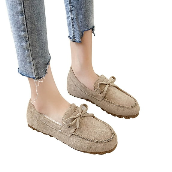 Miluxas Women's Fleece Moccasins Flats Suede Memory Foam Slippers Indoor Outdoor Winter Shoes Khaki 9.5(43)