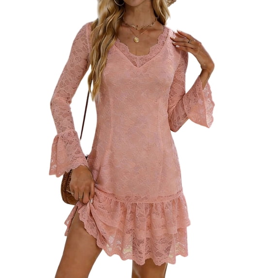 Miluxas Women's Floral Lace Sheer Mini Dress Trendy Flare Long Sleeve V Neck Layered Ruffle Mini Dress Elegant Slim Fit Party Outfits Pink