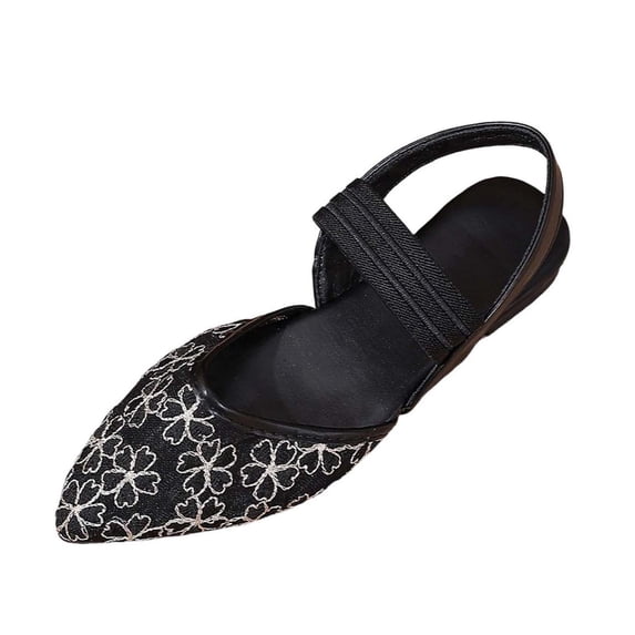 Miluxas Women’s Floral Mesh Pointed Toe Slingback Flats, Multi Elastic Strap Slip On Mules, Breathable Lace Summer Casual Dress Shoes Black 5.5(36)