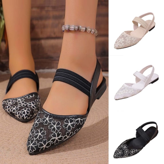 Miluxas Women’s Floral Mesh Pointed Toe Slingback Flats, Multi Elastic Strap Slip On Mules, Breathable Lace Summer Casual Dress Shoes White 9.5(43)