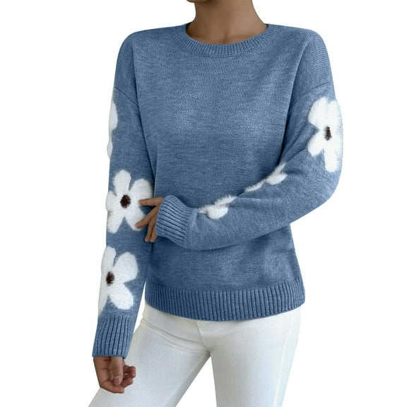 Miluxas Women's Floral Pattern Crewneck Long Sleeve Drop Shoulder Sweaters Pullover Tops Blue M(M)