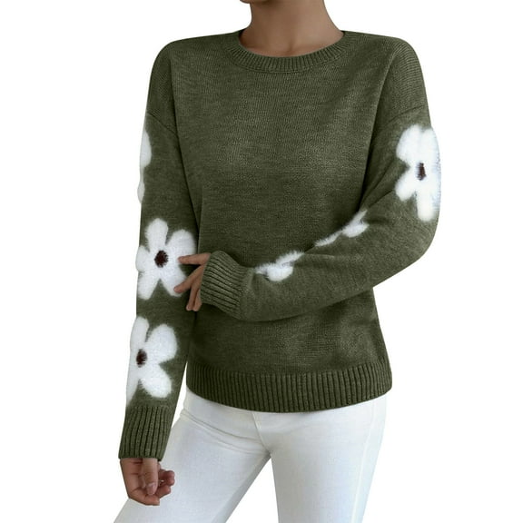 Miluxas Women's Floral Pattern Crewneck Long Sleeve Drop Shoulder Sweaters Pullover Tops Green M(M)