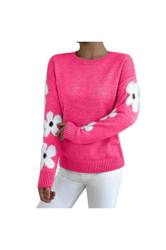 Women's Floral Pattern Crewneck Long Sleeve Drop Shoulder Sweaters Pullover Tops Hot Pink L(L)