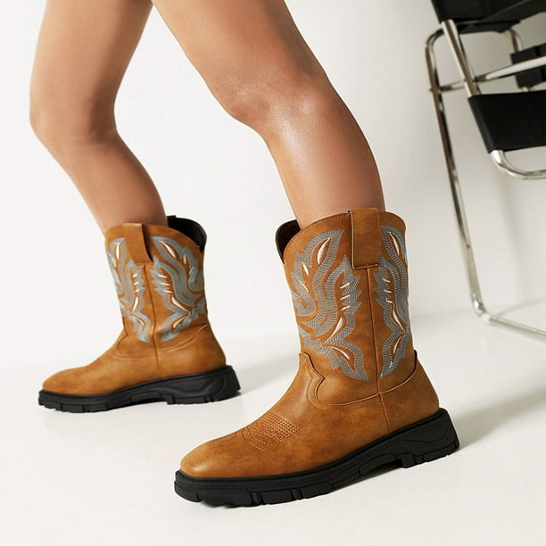 Miluxas Women s Floral Western Boot Clearance Vintage Cowgirl Boots Snip Toe Cowboy Boots for Women Flexible Outsole Yellow 9 44