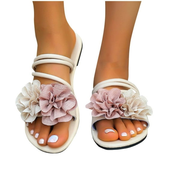 Miluxas Women's Flower Flat Sandals Dress Floral Sandals Open Toe Slip On Summer Slides Sandal Beige 9(42)