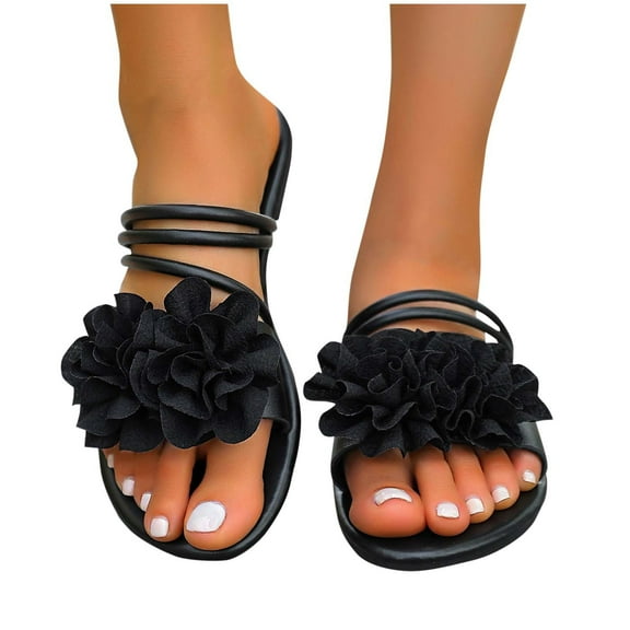 Miluxas Women's Flower Flat Sandals Dress Floral Sandals Open Toe Slip On Summer Slides Sandal Black 6(37)