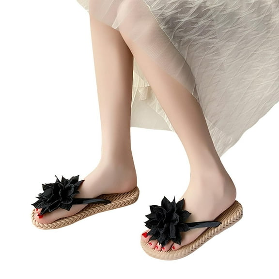 Miluxas Women's Flower Flip Flops Beach Flat Thong Sandals Black 40