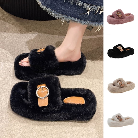 Miluxas Women's Fluff Slippers Open Toe with Golden Chain Strap - Soft Fleece, Non-Slip Rubber Sole, Indoor Shoes for Home & office White 9(42)