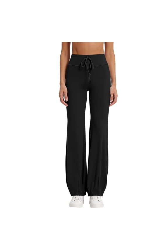Women's Fold-Over Flare Yoga Pants Soft Stretchy High Waist Drawstring Tummy Control Leggings for Pilates, Gym, Lounge & Daily Wear Black