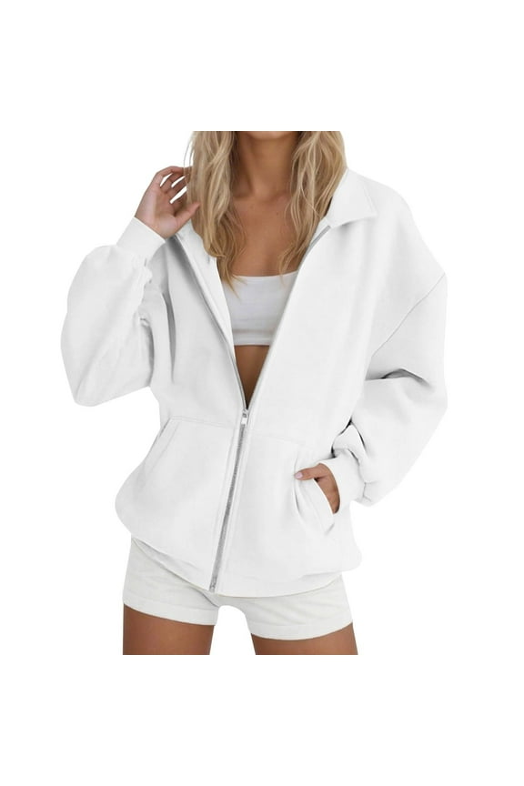 Women's Full Zip up Hoodless Solid Color Long Sleeve Sweatshirts Lapel Jacket for Women White S(S)