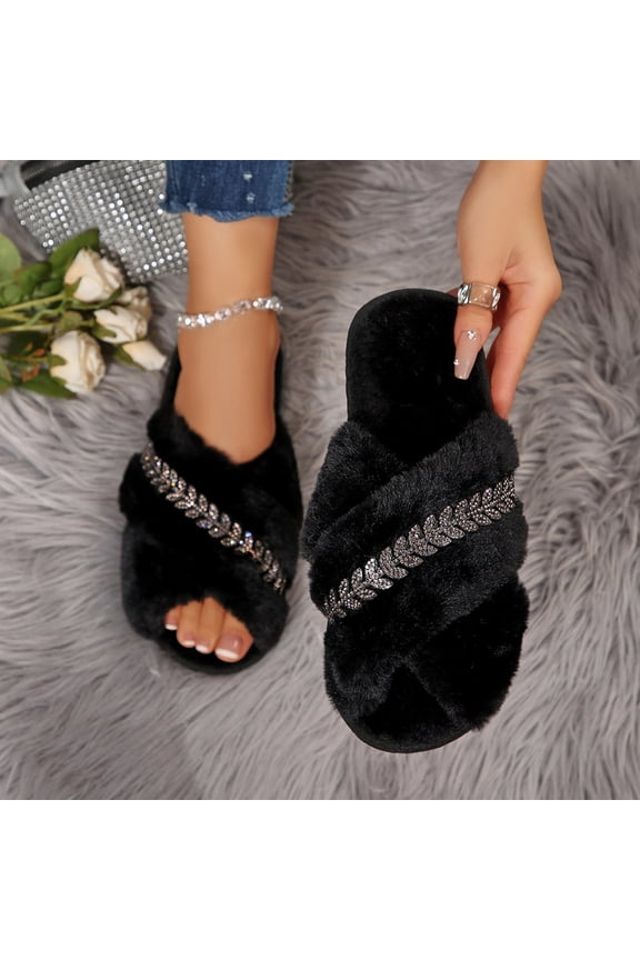 Women's Fuzzy Cross Band Platform Slippers Comfortable Open Toe Slides Slippers for Indoor Outdoor Black 9(42)