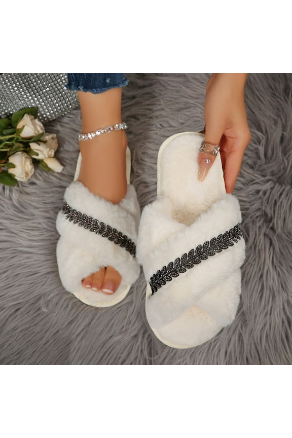 Women's Fuzzy Cross Band Platform Slippers Comfortable Open Toe Slides Slippers for Indoor Outdoor White 5.5(36)