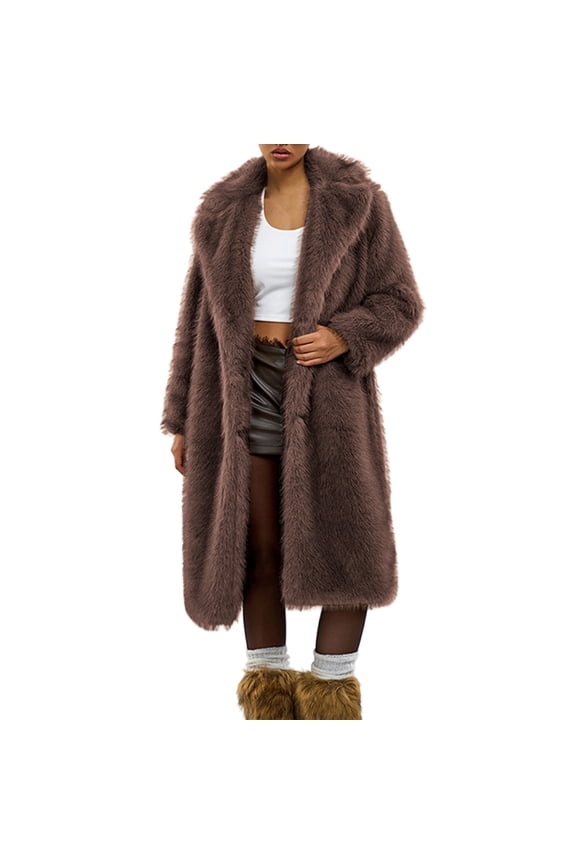 Women's Fuzzy Fleece Lapel Open Front Long Cardigan Coat Faux Plush Warm Winter Outwear Jackets Coffee L(L)