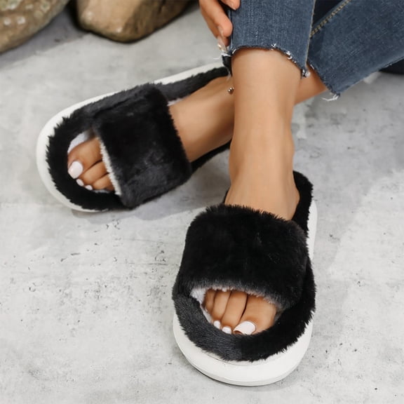 Miluxas Women's Fuzzy Slippers with Memory Foam Comfy Fleece Anti-Skid Sole Slippers for Women Bedroom House Open Toe Black 36