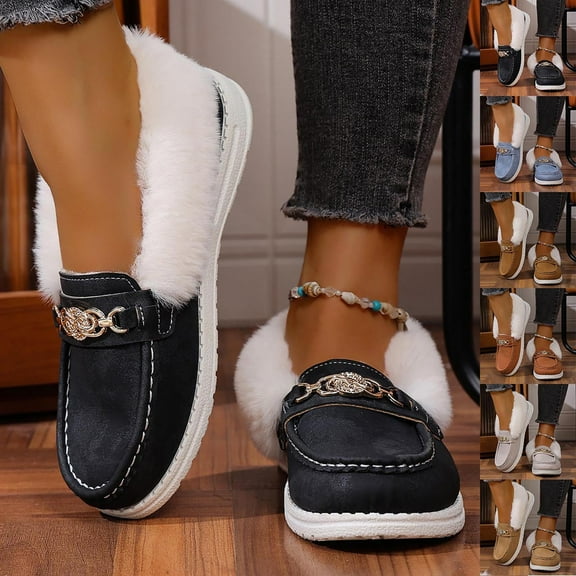 Miluxas Women's Fuzzy Warm Slip On Loafers Fashion Pointed Toe Gold Slip On Daily Walking Dress Flats Mules Shoes Yellow 9.5(43)