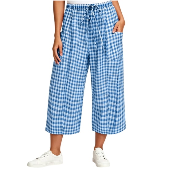Miluxas Women's Gingham Plaid Cropped Pants Drawstring High Waist Wide Leg Loose Trousers with Pockets Soft Breathable Lounge Pants for Daily Wear Light Blue
